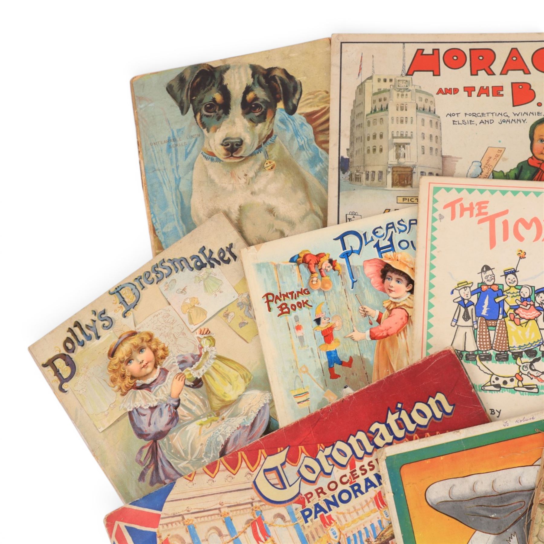 Fifteen late 19th/early 20th century children's picture books, comprising eleven published by Raphael Tuck & Sons, titles including Pleasant Hours Painting book, Boo-Boo the Barrage Balloon, The Timber Toes, At the Sound of the Drum, Coronation Procession Panorama, Horace and the BBC, Dolly's Dressmaker, Puppy Dogs ABC, Pets at the Farm, Mr Punch and His Tricks and Mixed Pickles Prepared, and four published by Ernest Nister, titles including Dicky Bird Land, The Sugar Plum House That Jack Built, The Noah's Ark and A Day at the Seaside