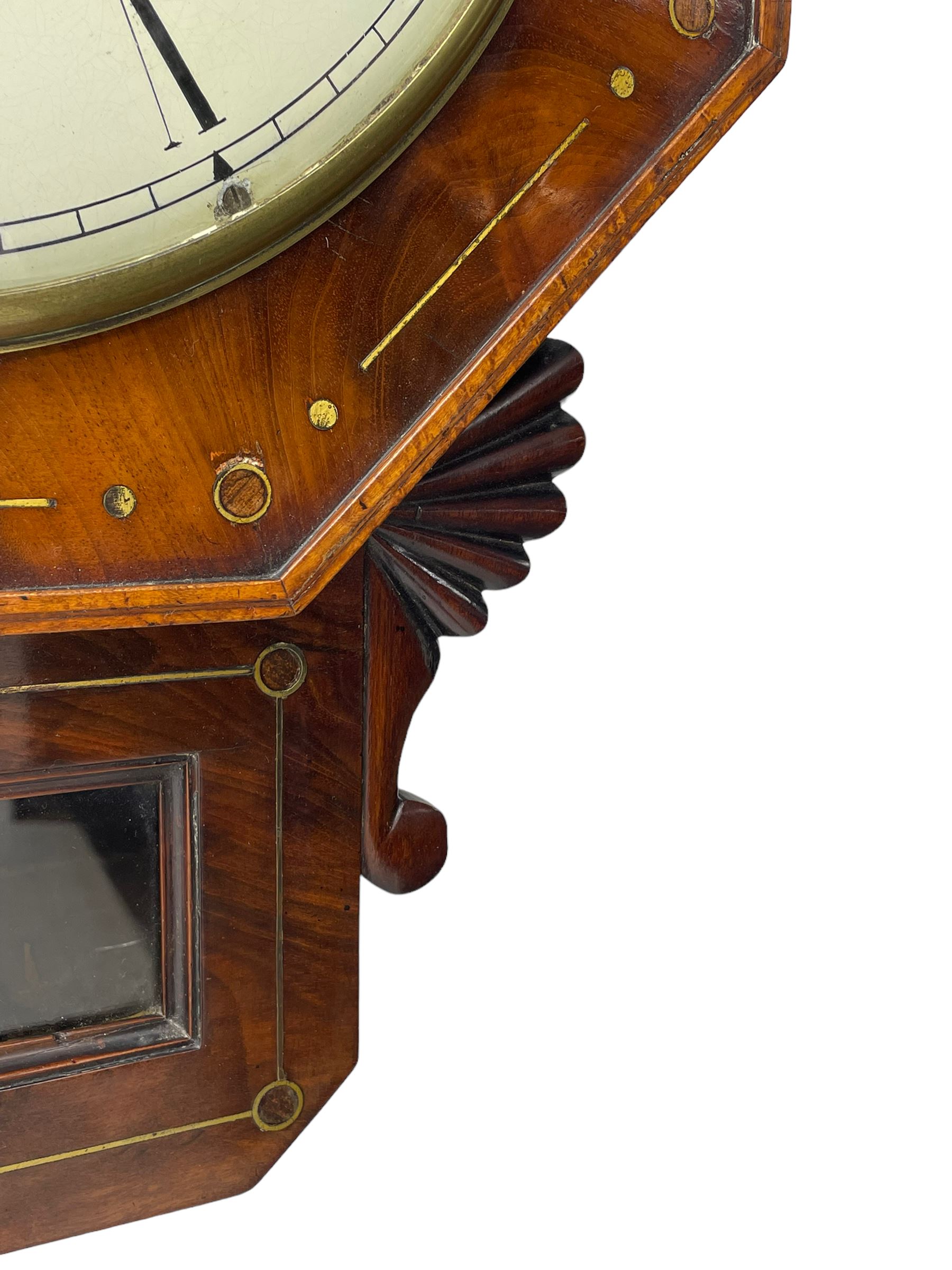 Charles Johnson of Wigan - mid-19th century twin fusee mahogany drop-dial wall clock, with an octagonal dial surround with brass inlay, carved fan ears to the glazed box with pendulum adjustment door, 12
