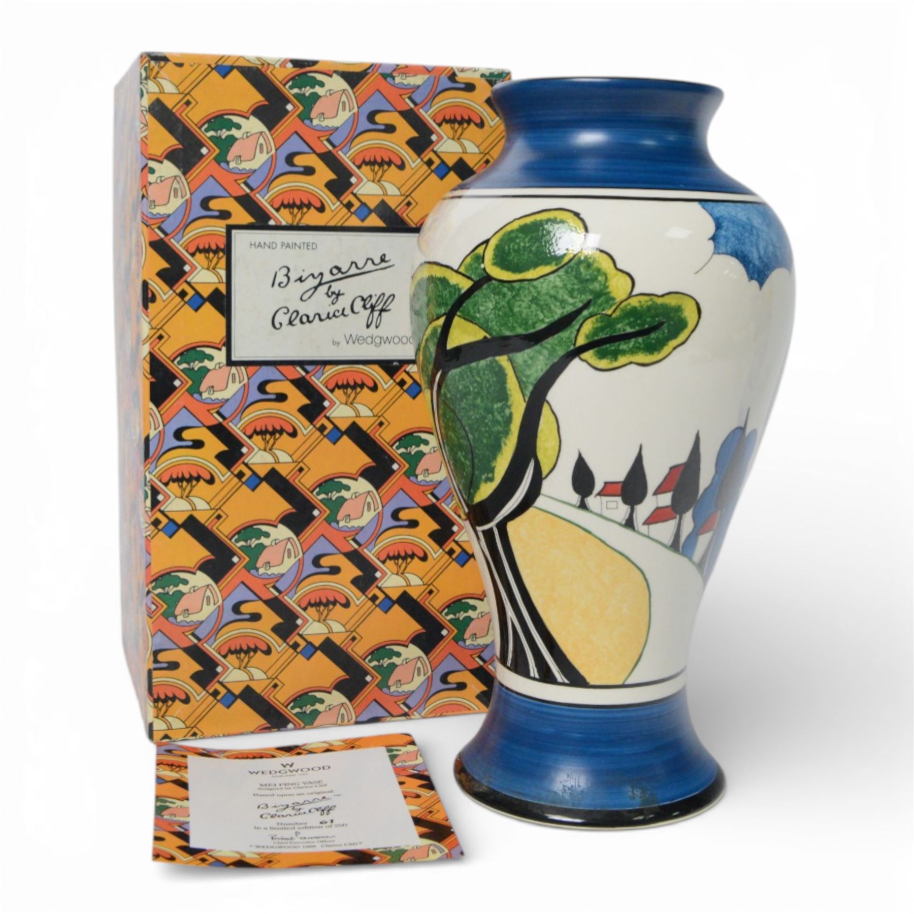 Wedgwood Bizarre by Clarice Cliff, Mei Ping vase, May Avenue hand painted based upon an original, limited edition 61/250, with certificate and box, H31cm 