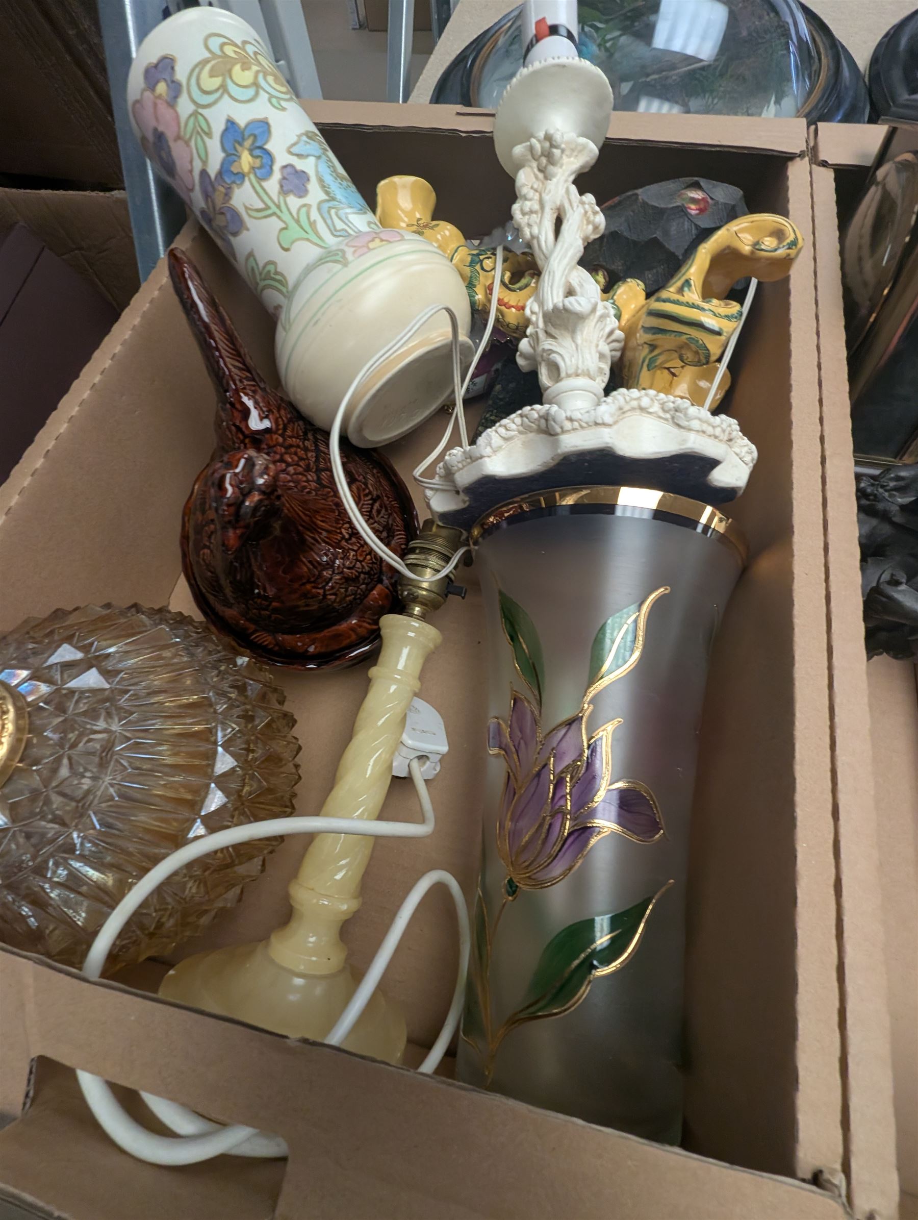 Japanese tea service, wash jug and bowl, Metamec mantle clock, table lamp with shade, and other ceramics and collectables, in four boxes