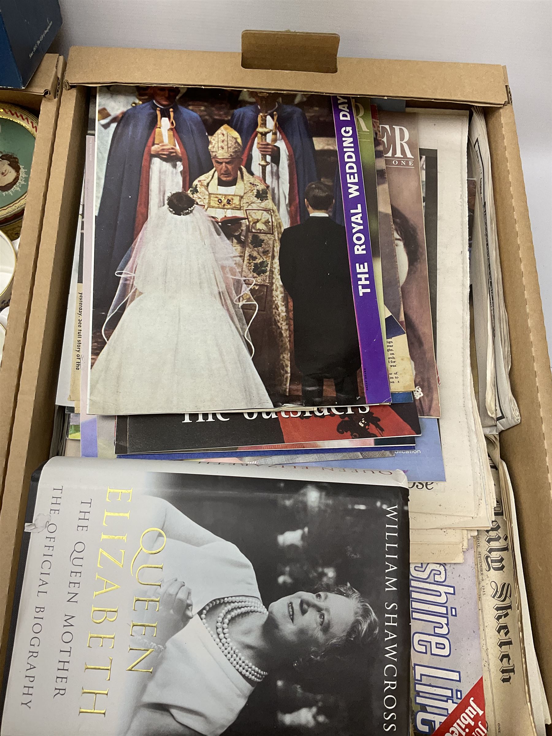 A large collection of commemorative ware, including Wedgewood Jasperware plates and trinket box for Royal silver jubilee, Shelley teacup and saucer for Edward VIII coronation, Bisto cups and saucers for George V and Queen Mary's coronation in 1911, loving cup, 1937 Coronation basket, thimbles, magazines and new cuttings etc. 