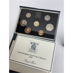 Five Royal Mint United Kingdom proof coin collections dated 1983, 1984, 1985 and 1986, all in blue folders with certificates, silver proof 1981 crown and a sterling silver medal 'Commemorating the marriage of HRH Prince Andrew and Miss Sarah Ferguson at Westminster Abbey 23 July 1986' weighing 37 grams, both cased with certificates (6)
