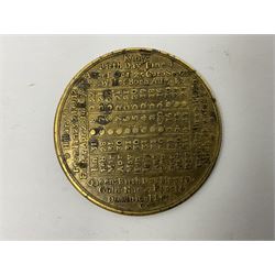 18th century brass calendar medal, for 1756, by John Powell, with moonphase calendar to reverse 