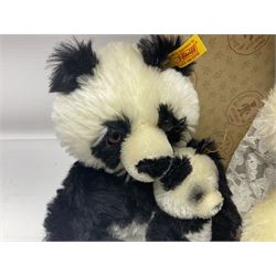 Steiff 'The Millenium Bear' in mohair, exclusively for Danbury Mint with golden pendant and card label H32 cm; another modern Steiff teddy bear as a seated panda with cub; and boxed Gund Barton's Creek Collection 'Lavender N' Lace' teddy bear with card label (3)