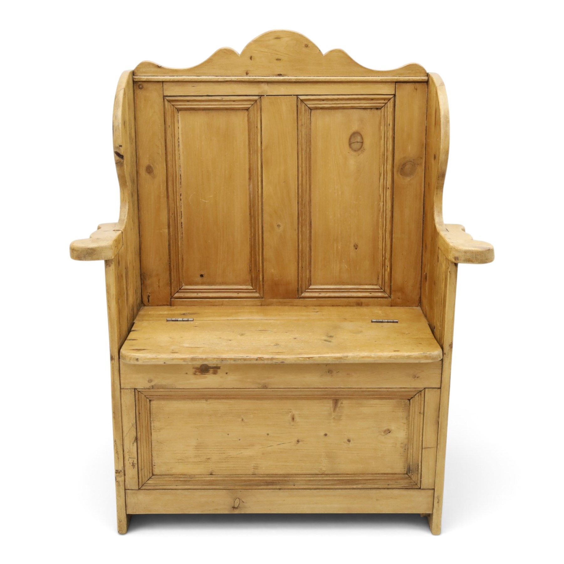 Victorian waxed pine settle or hall bench, shaped cresting rail over double panelled back, outswept arms on hinged box-seat, on end supports