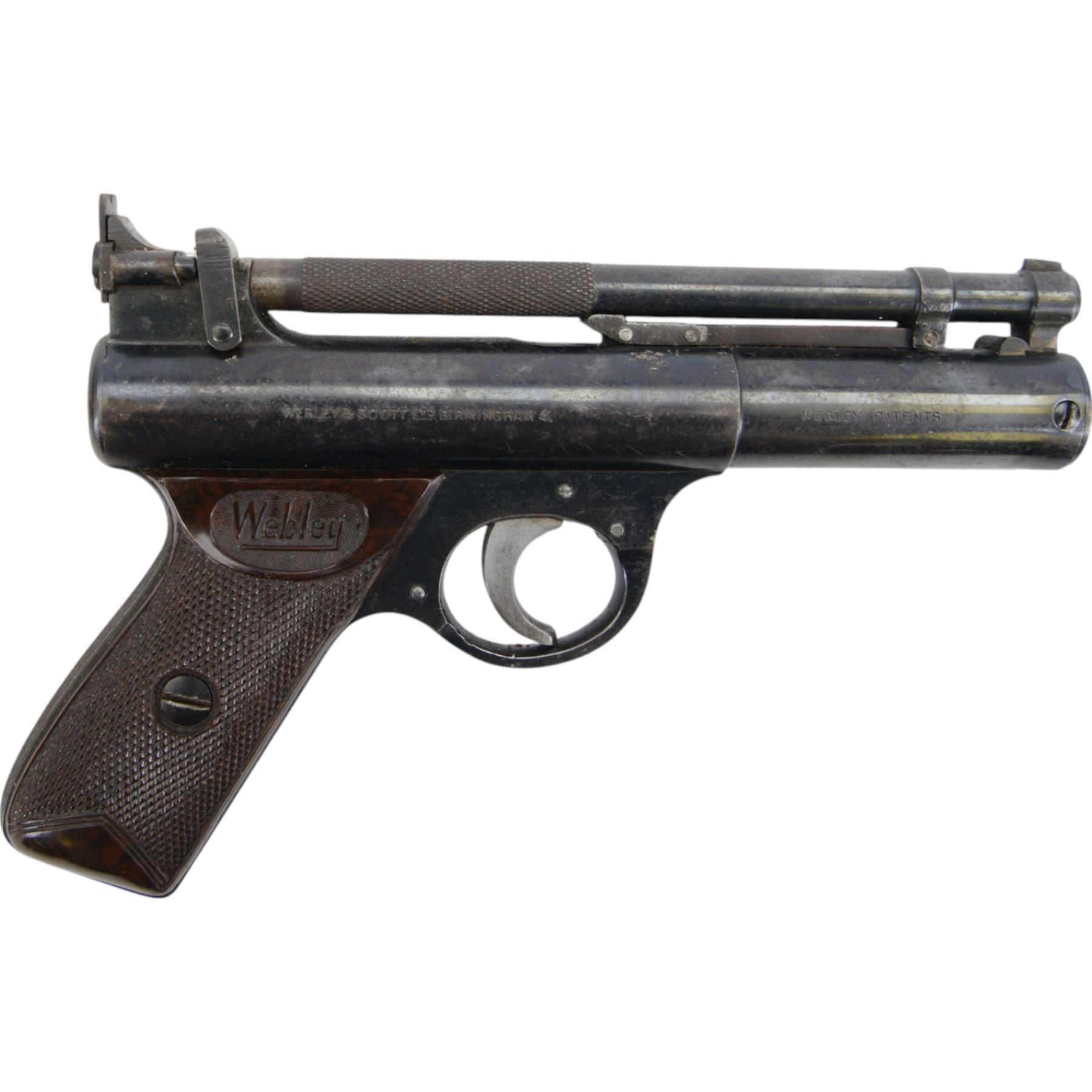 Webley Senior .22 air pistol, batch 209, the air chamber marked The Webley Senior, made in England, Webley & Scott Ltd Birmingham 4, Webley Patent, with checkered grip, H14cm, L19cm, together with book Webley Air Pistols; their history and development by Gordon Bruce 