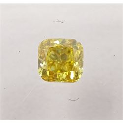 Two certified loose fancy coloured diamonds one round brilliant cut 'fancy light yellow' of 0.13 carat, the other cushion cut 'fancy intense brownish yellow' colour of 0.11 carat, with International Gemological Institute Certificates