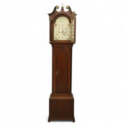 Thomas Hawkswell of Brompton (Nr Pickering-Yorks), 8-day oak cased longcase clock with a swan necked pediment and central brass finial, break arch hood door flanked by reeded pilasters with brass capitals, trunk with canted corners and a spire topped door, square plinth raised on a shaped skirting, painted dial with floral spandrels and makers name to the arch, with Roman numerals, calendar and seconds dial and pierced steel hands, dial pinned to a twin train rack striking movement, striking the hours on a bell. With weights and pendulum.