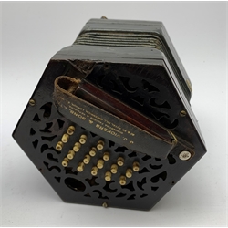  19th century rosewood concertina of hexagonal form with fretworked ends, thirty-nine lettered bone keys and leather straps to each end inscribed J.J. Vickers & Sons Ltd., Concertina Factors and Repairers, 80 & 82 Royal Hill, Greenwich, London S.E.10, W18cm, in original stained pine box with same maker's label  