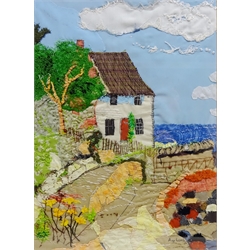  Ann Lamb (British 1955-): Lady Palmer's Cottage, Runswick Bay, fabric and hand stitched collage, signed 46cm x 34cm  