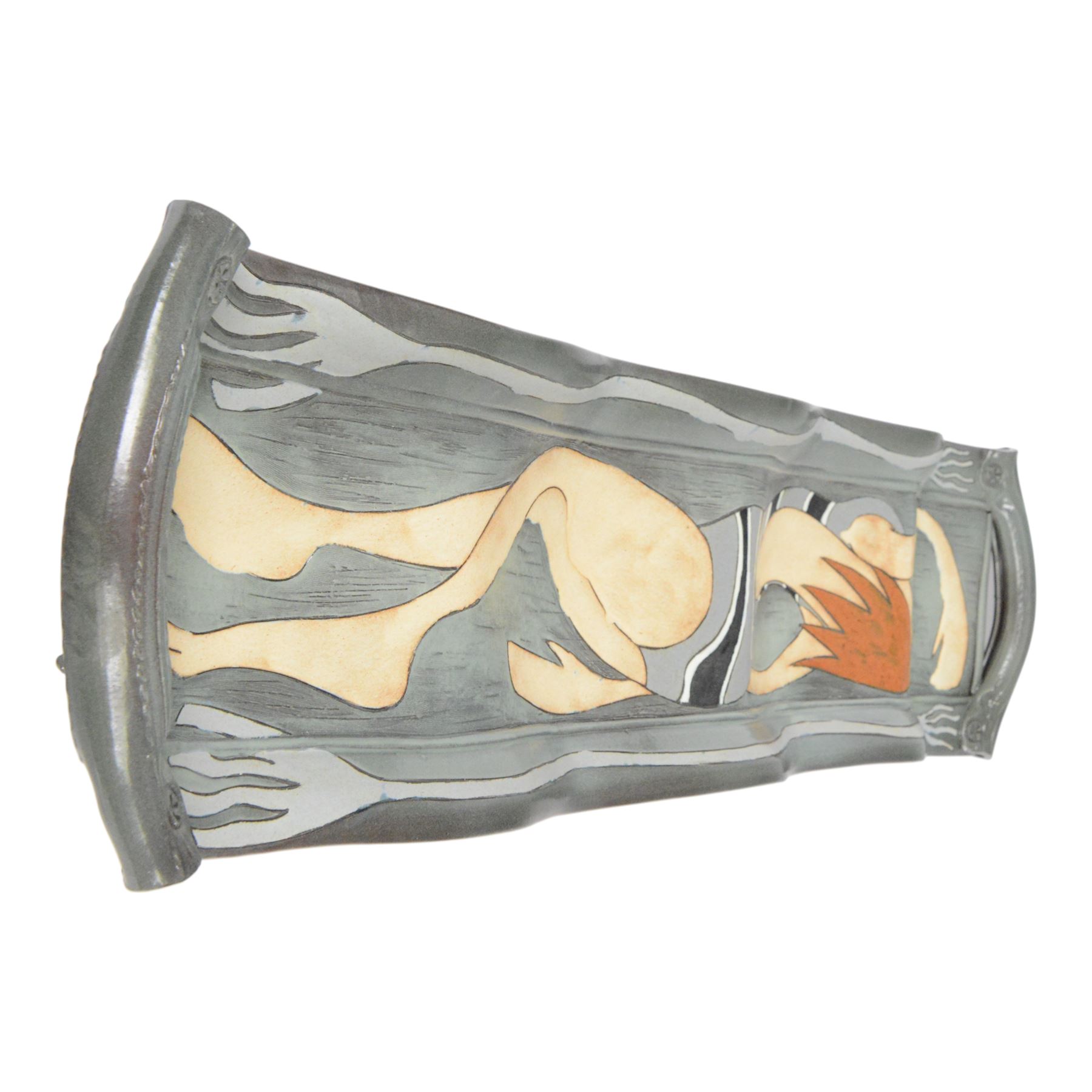 Studio pottery twin handled platter, of waved form, decorated with a female swimmer, L84cm, D22cm