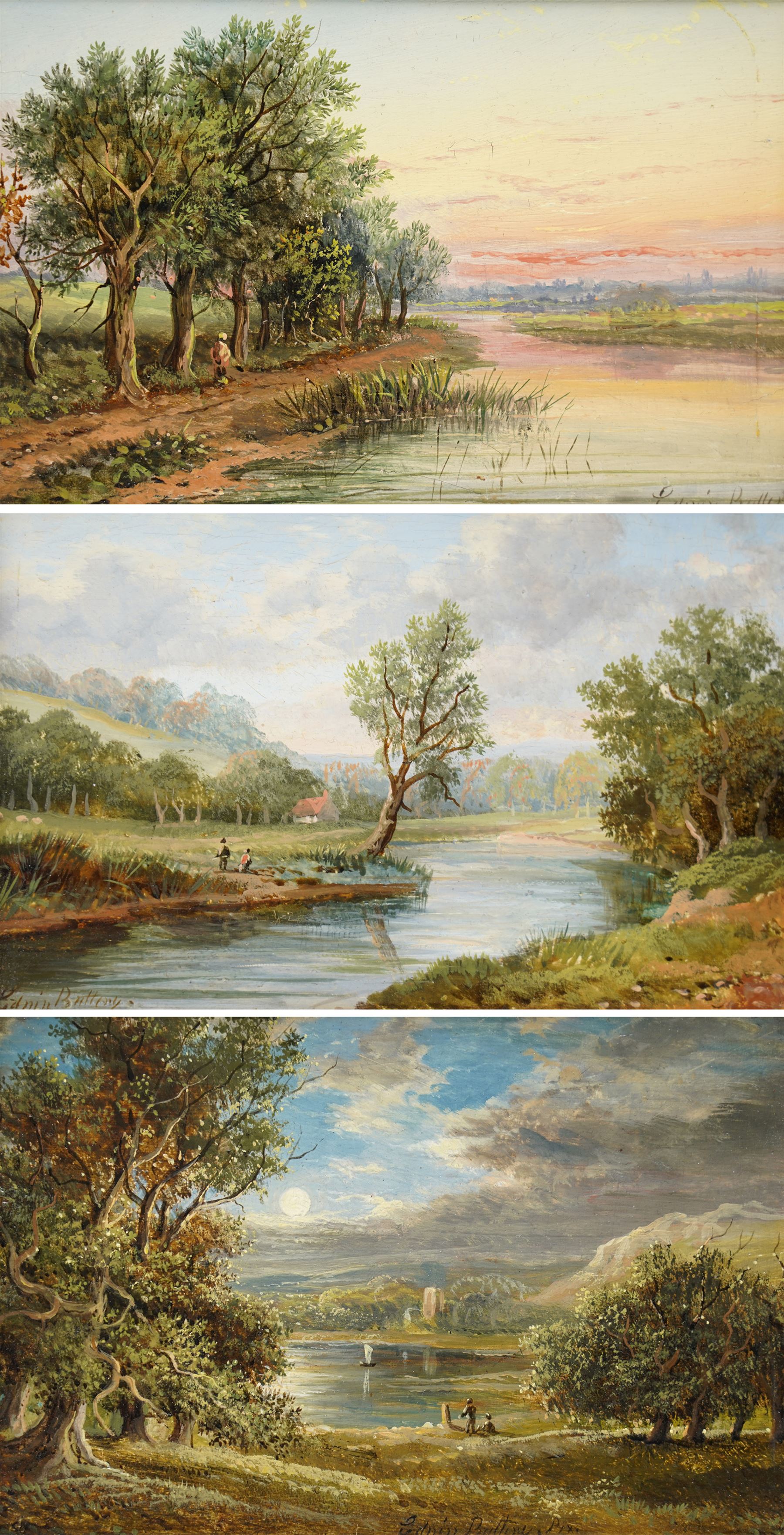 Edwin Buttery (British 1839-1908): Landscapes with Figures along the River Bank, set of three oils on panel signed 12cm x 18cm (3)