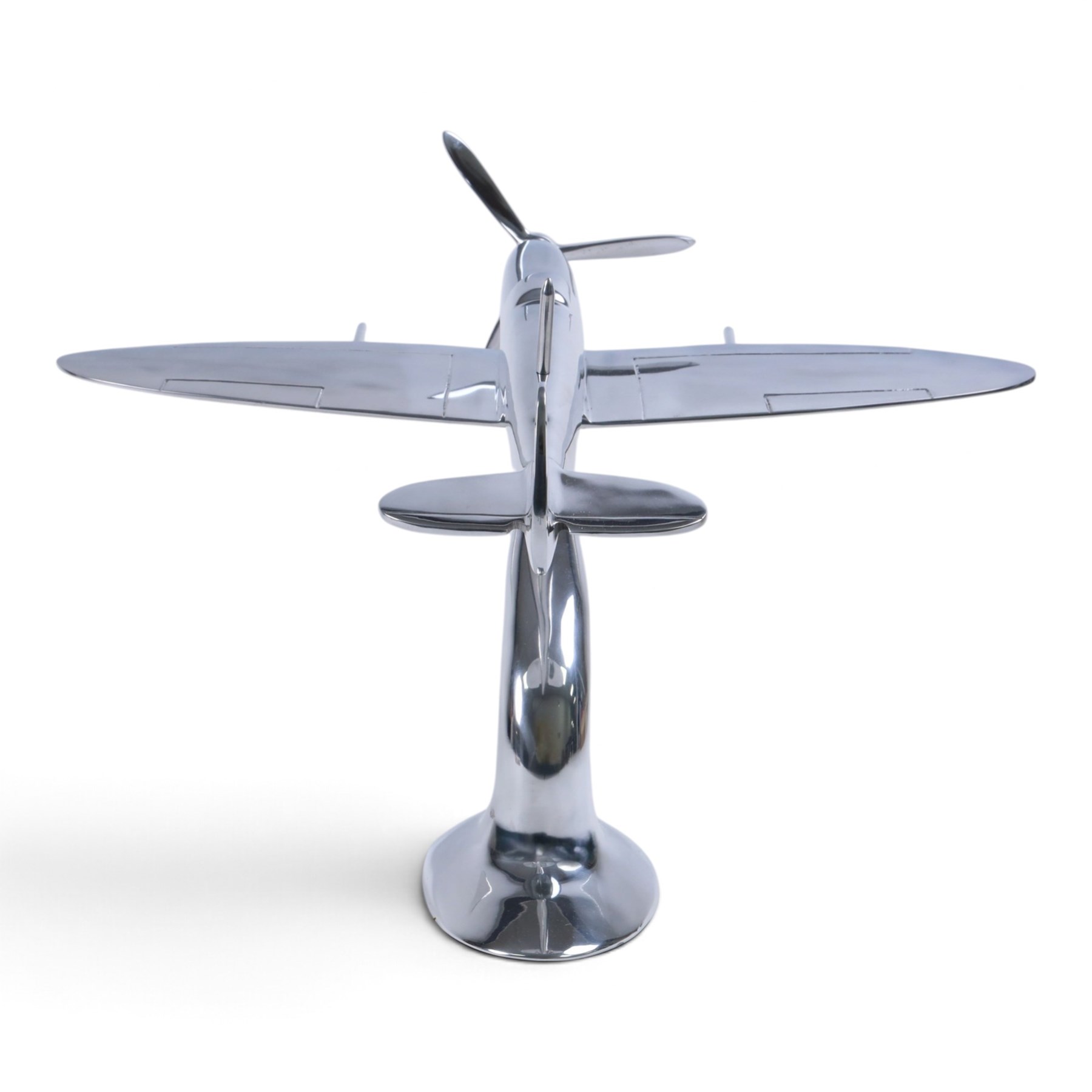 Modern polished metal model of a Spitfire, H36cm