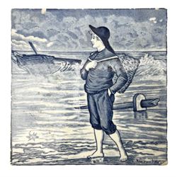 Josiah Wedgwood & Sons blue and white transfer printed tile entitled November, depicting a barefoot boy by the sea, reverse moulded stamp JOSIAH WEDGWOOD & SONS ETRURIA, H15.5cm W15cm