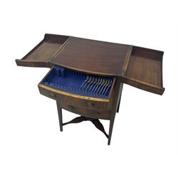 Part canteen of silver plated cutlery, including ivorine handled table and dessert knives, table forks, dessert forks, dessert spoons, teaspoons and soup spoons, all contained within a canteen cabinet converted from a George III mahogany enclosed wash stand