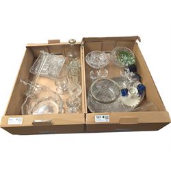 Clear glass epergne, silver plated tray, and a collection of cut and coloured glass ware, in two boxes