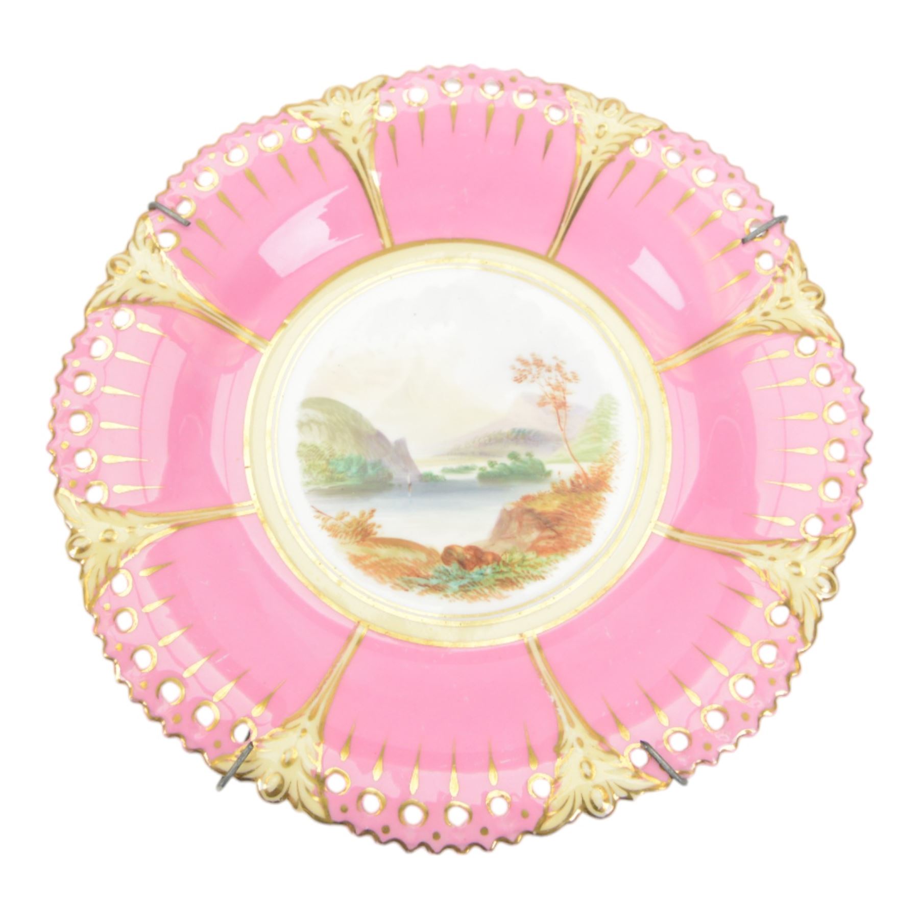 Two 19th century Samson porcelain plates, decorated in the Chelsea style with exotic birds, flowers and insects, each with spurious gold anchor mark verso, largest example D24cm, together with a 19th century dessert plate, possibly Worcester, hand painted with a hummingbird, within a gilt band and pink border, D22.5cm, and a further 19th century dessert plate with shaped and pierced rim, hand painted with a view of Loch Lomond and titled verso, D22cm, (4)