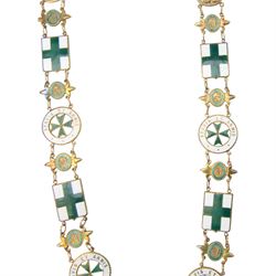 Military and Hospitaller Order of St. Lazarus of Jerusalem, Knight of Grace silver gilt and enamel chain of order, the chain made up of silver enamelled flags, disks and panels, with a green and white enamelled insignia of the order suspended below, in case 
