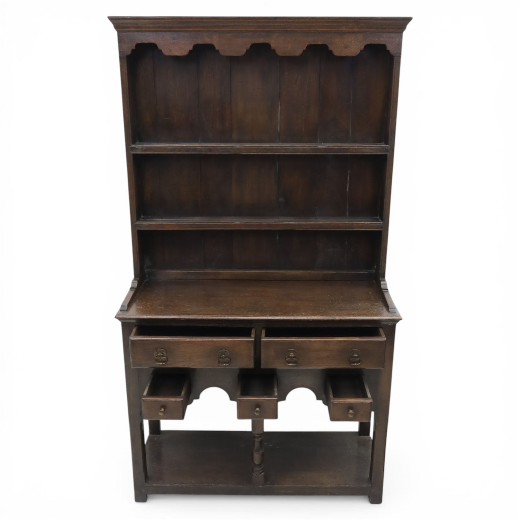 Titchmarsh & Goodwin - Georgian design compact dresser and plate rack, with moulded cornice, above two grooved shelves, above a dresser base with  two short over three small drawers, raised on stile feet united by an undertier