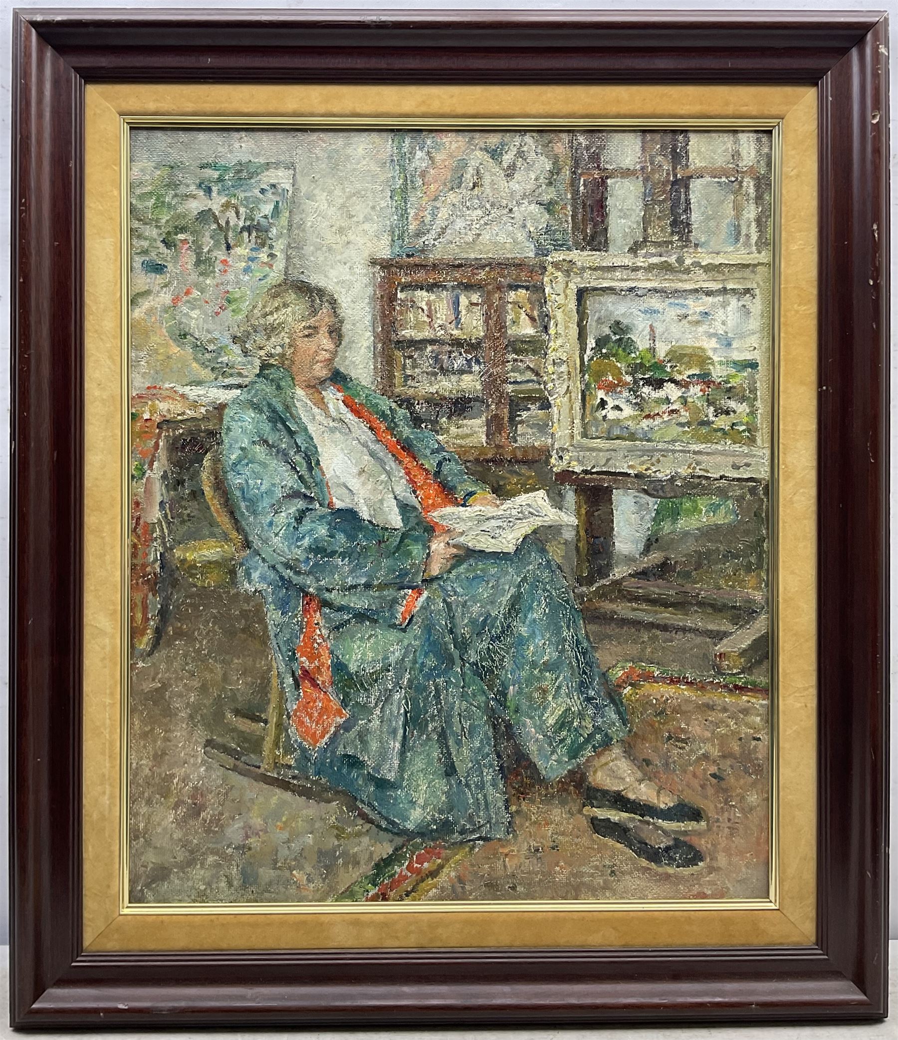 English School (Early/mid 20th century): Portrait of a Lady in the Artist's Studio, oil on board unsigned 60cm x 50cm