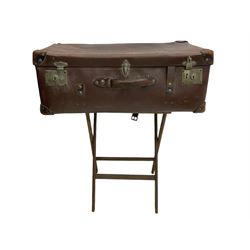 Two oak country chairs, mahogany elbow chair, trunk and luggage stand, metalwork standard lamp, trolley table, tin trunk (8)