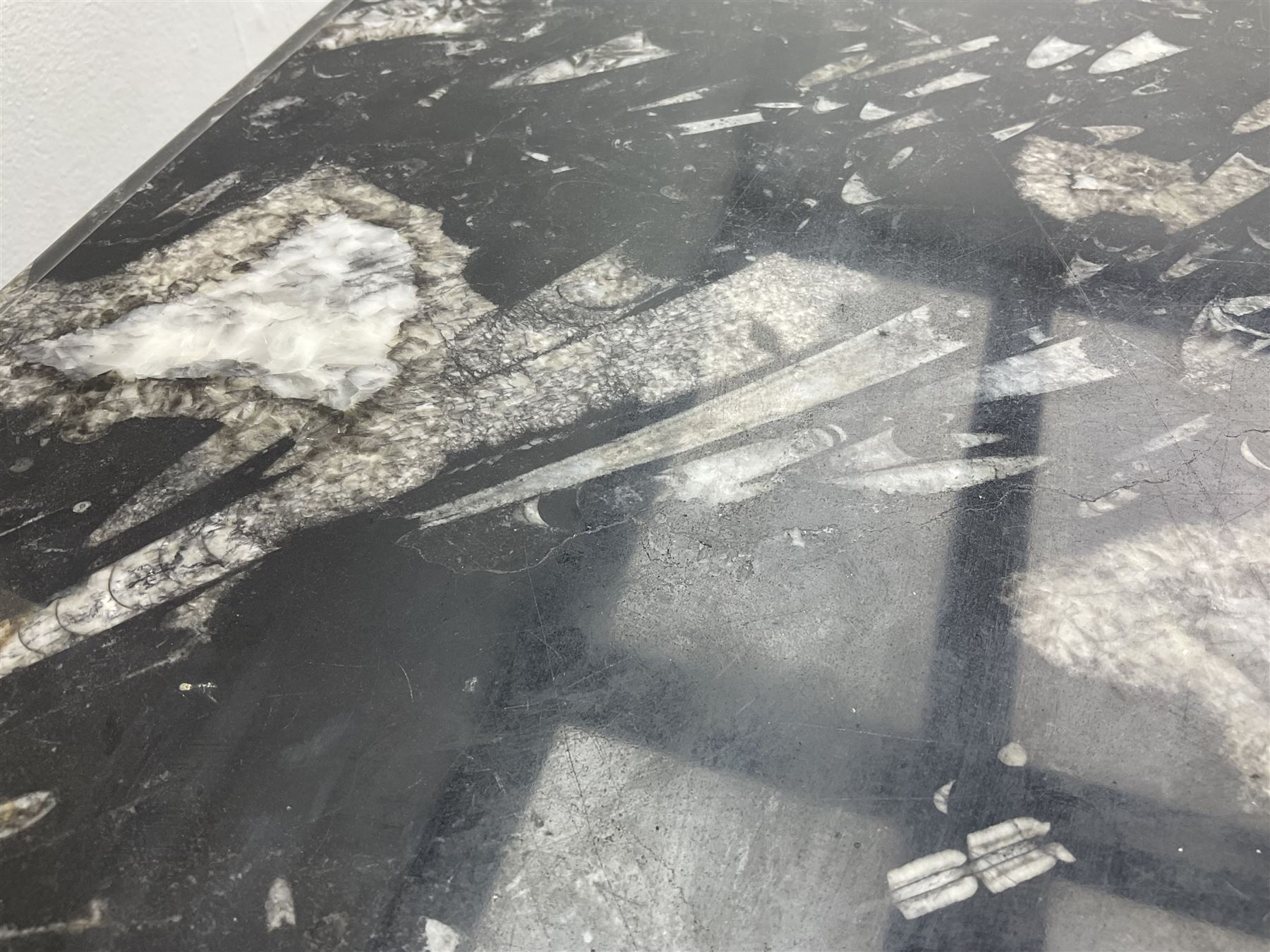 Marble hall table with orthoceras and goniatite inclusions, the rectangular top upon two rectangular stepped plinths, H75cm, L135cm, D78cm 