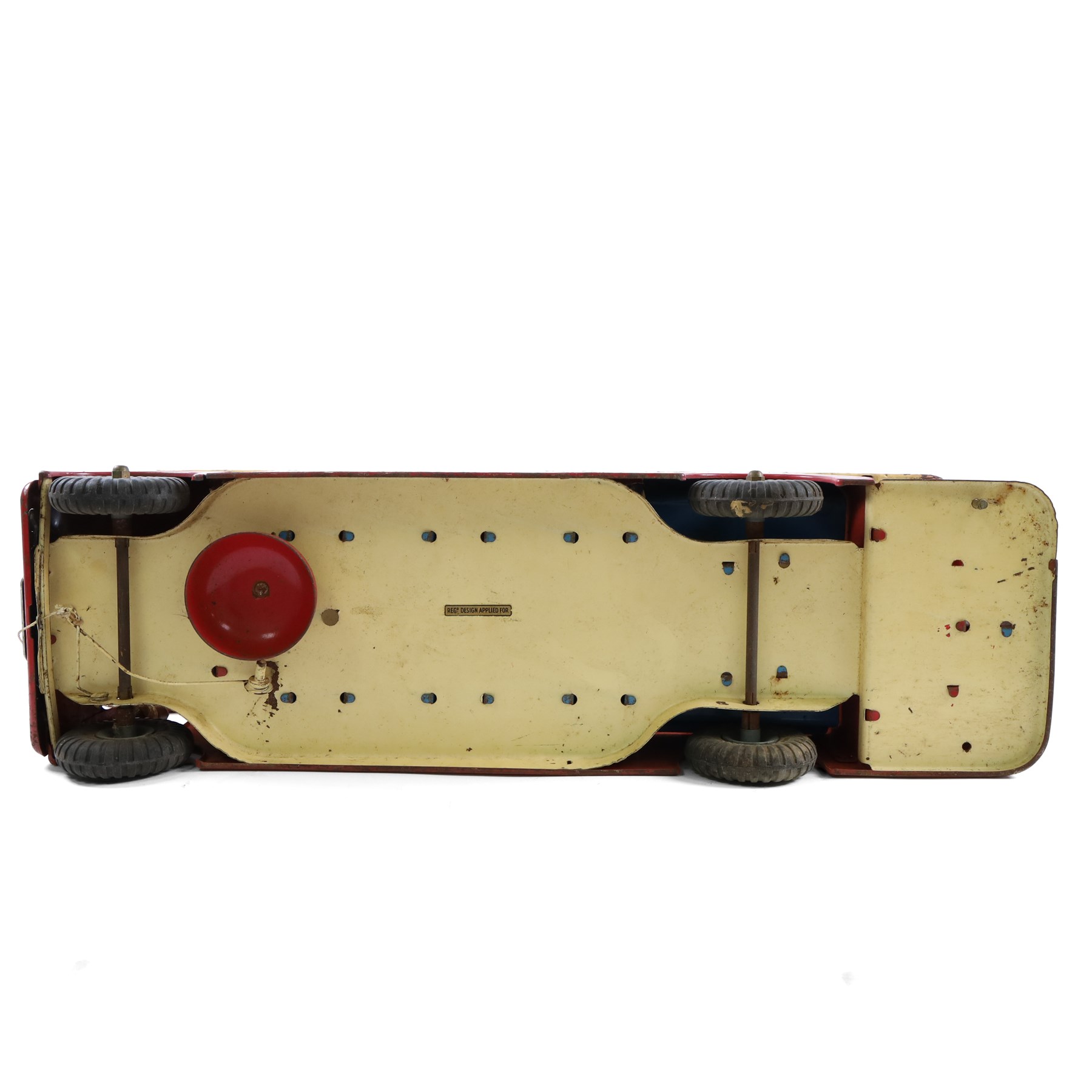 Tri-ang pressed steel pull-along London Transport Routemaster Double-Decker Bus, LIB4242, Route no.93 with destinations Wimbledon, Morden and Putney BDG Station, with red London Transport livery, blue interior, with pull cord and bell, H32cm, L57cm