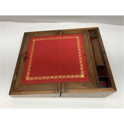 19th century burr yew wood tea caddy, of sarcophagus form, with strung details and brass mounts, the interior split into three compartments, upon four brass bun feet, together with an oak and brass bound writing slope, with red leather interior with gilt detailing, largest H16cm, W40cm