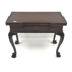  Georgian style mahogany games table hinged lid enclosing inlaid chess and gammon board, single drawer, gate leg action floral carved cabriole legs on ball and claw feet, W90cm, H71cm, D89cm (maximum)  