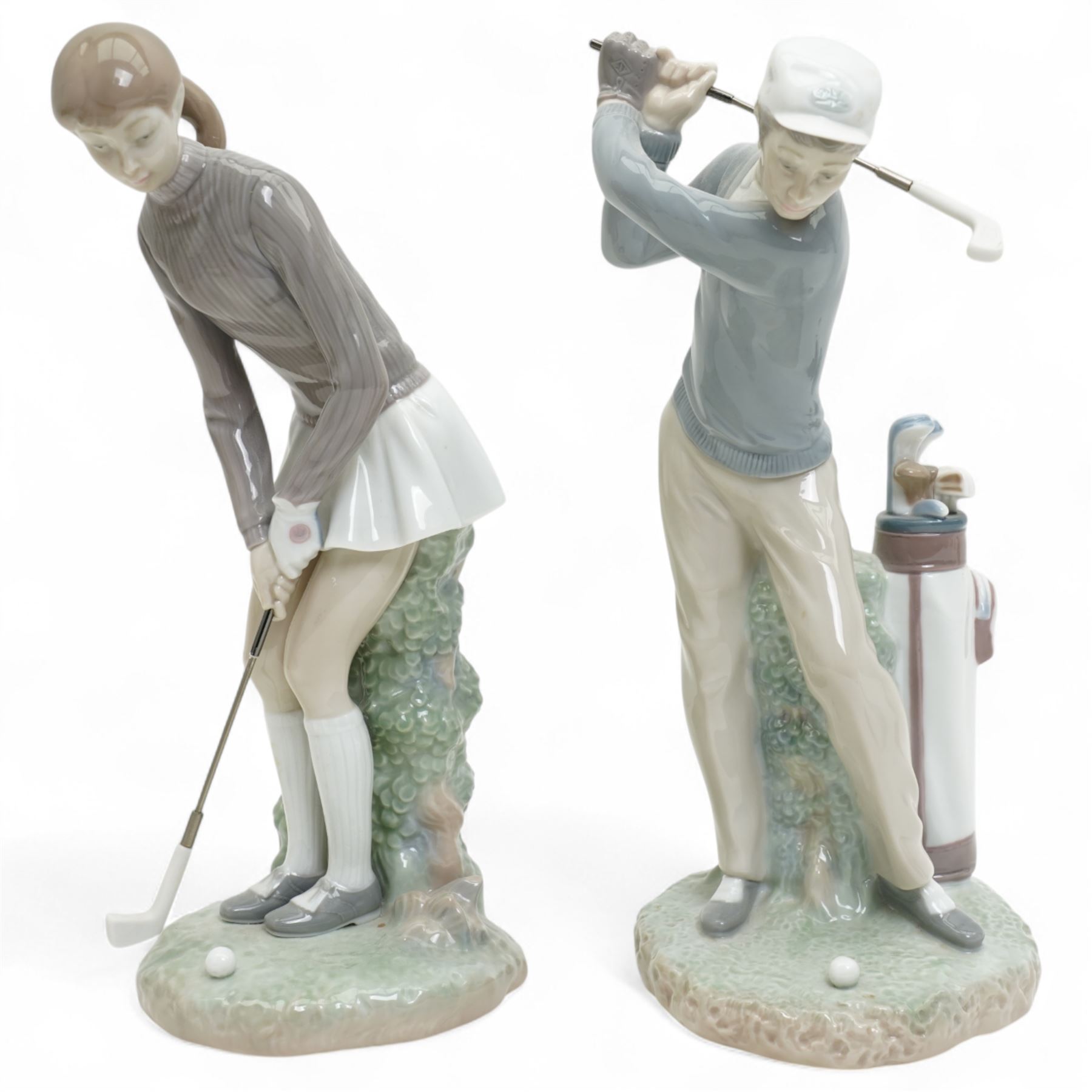 Four Lladro figures, including two golfers and two girls feeding geese and chickens, tallest H33cm (4)