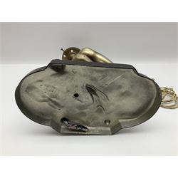 Art Deco style bronzed and gilded spelter figural table lamp with green Uranium glass shade; H48cm, another table lamp; and a bisque group