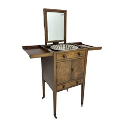 Georgian mahogany washstand cabinet, the double hinged lid opens to reveal wash basin and lift up tilting mirror, false drawer over double cupboard and drawer, on square supports with brass cups and castors