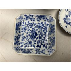 19th Century Imari pattern Japanese blood letting bowl, together with 19th century chinese blue and white square dish with decorated with blossoming flowers, together with thee blue and white saucers 