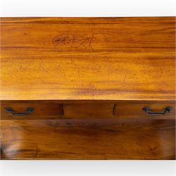 Contemporary console hardwood side table, with rectangular top and two drawers fitted with brass handles, on square legs joined by full-length lower shelf