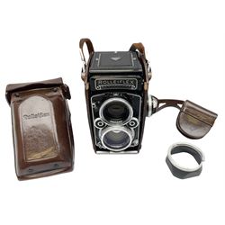 Franke & Heidecke Synchro-Compur Rolleiflex camera, twin lens camera, serial number 2447615, with viewing lens '1:2.8/80 Heidosmat No. 857174', Taking Lens '1:2.8/80 Carl Zeiss Planar No. 4189283', in leather case