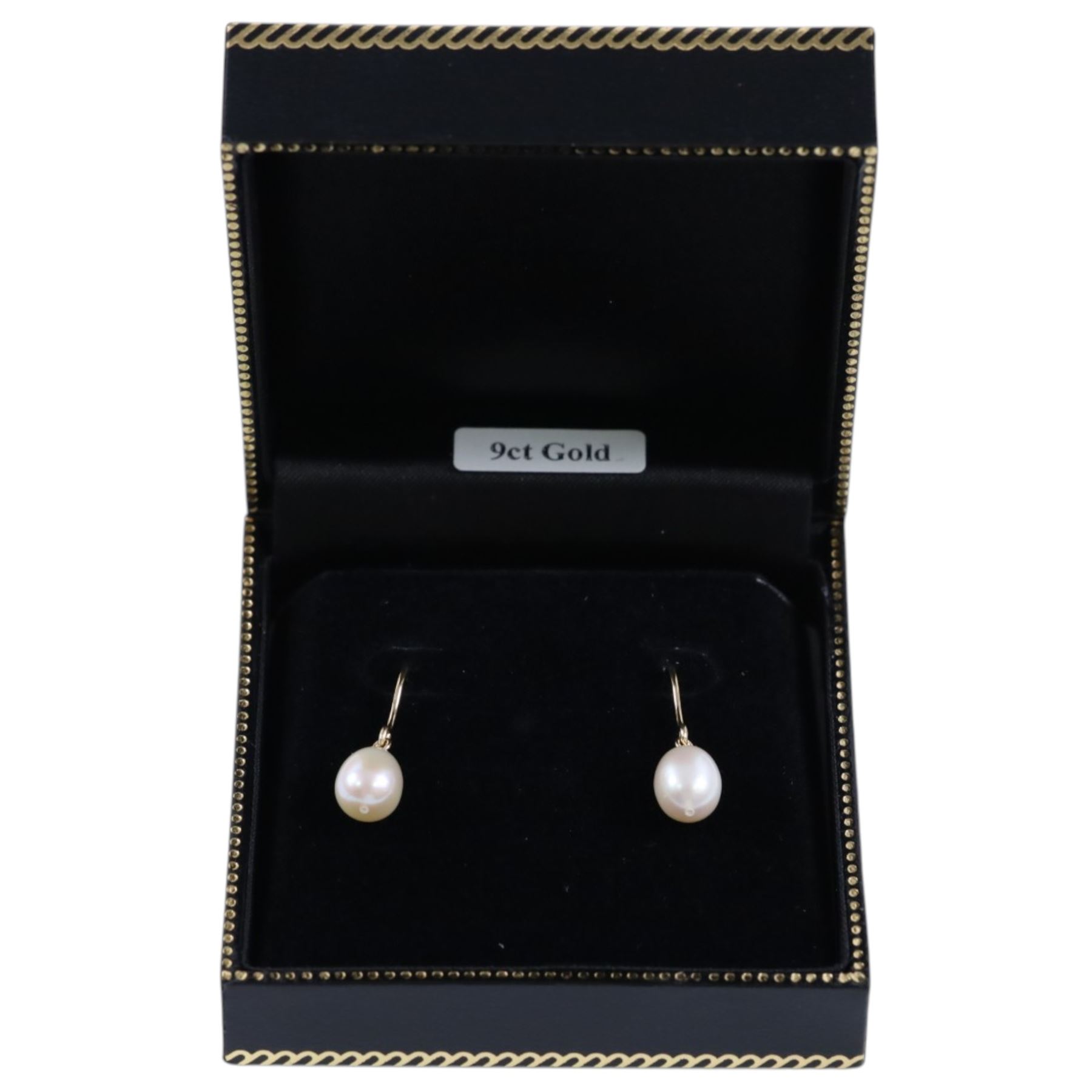 Pair of 9ct gold freshwater pearl pendant earrings, boxed