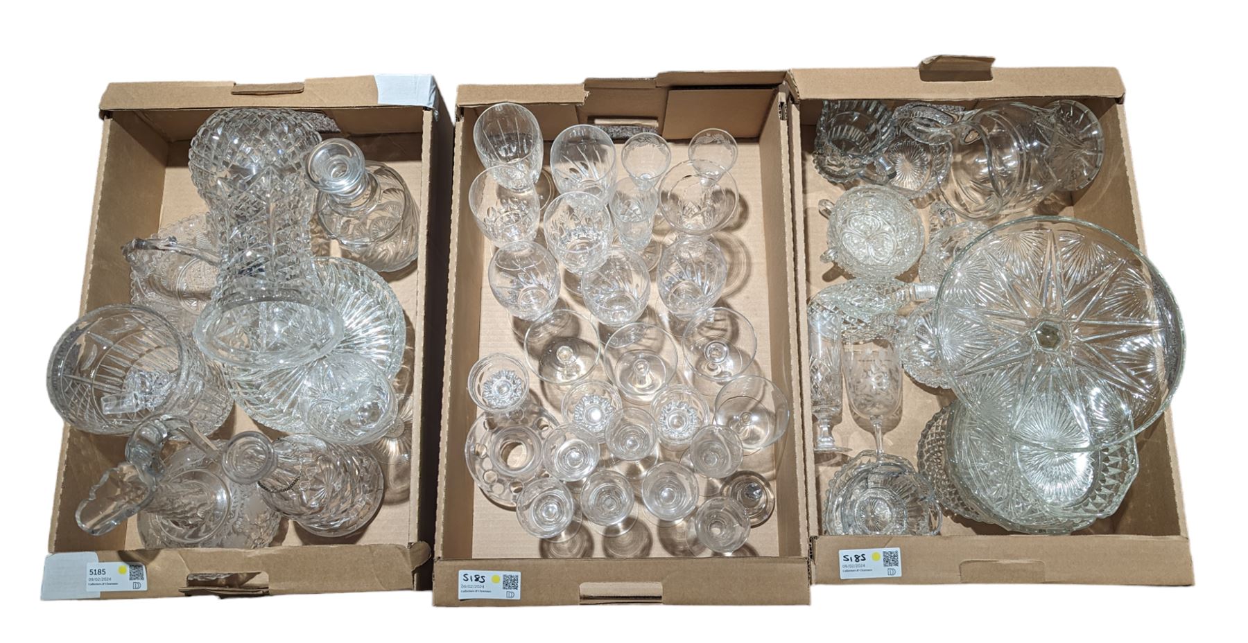 Stuart Crystal drinking glasses, including cut and etched examples, together with a collection of other cut glass and similar, including, decanters, vases, drinking glasses, jugs, etc