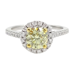 18ct white gold diamond halo ring, the central round brilliant cut fancy yellow diamond of 1.02 carat, with white diamond surround, gallery and shoulders, stamped K18, with GIA report