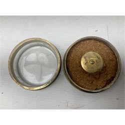 Pair of early 20th century glass dressing table jars, or circular facet cut form, with silver covers, hallmarked London, probably 1912