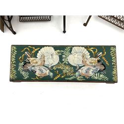 Vintage Jones treadle sewing machine, together with another singer sewing machine frame without machine and top, also with rectangular stool upholstered with animal scene, raised on cabriole supports 
