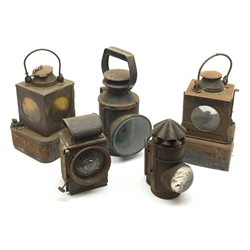  Two LNER Welch Patent railway lamps, each of typical square section form, one bearing station plaque 'Medge Hall' (on the Doncaster to Cleethorpes line) H25cm excluding swing handle, BR lamp with revolving coloured filters and two other lamps (5)  
