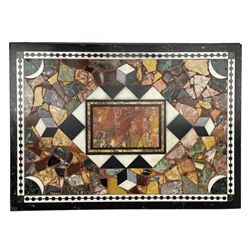 19th century marble specimen table, central rectangular plaque in black and white chequered lozenge, surrounded by fragments and cube motifs, housed within a mahogany stand with moulded top edge, square tapering supports with peg spade feet