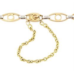 Early 20th century gold and platinum aquamarine and diamond bracelet, three cushion cut aquamarines, each spaced by milgrain set diamond heart and flower head links, to a fancy gold and platinum openwork link bracelet