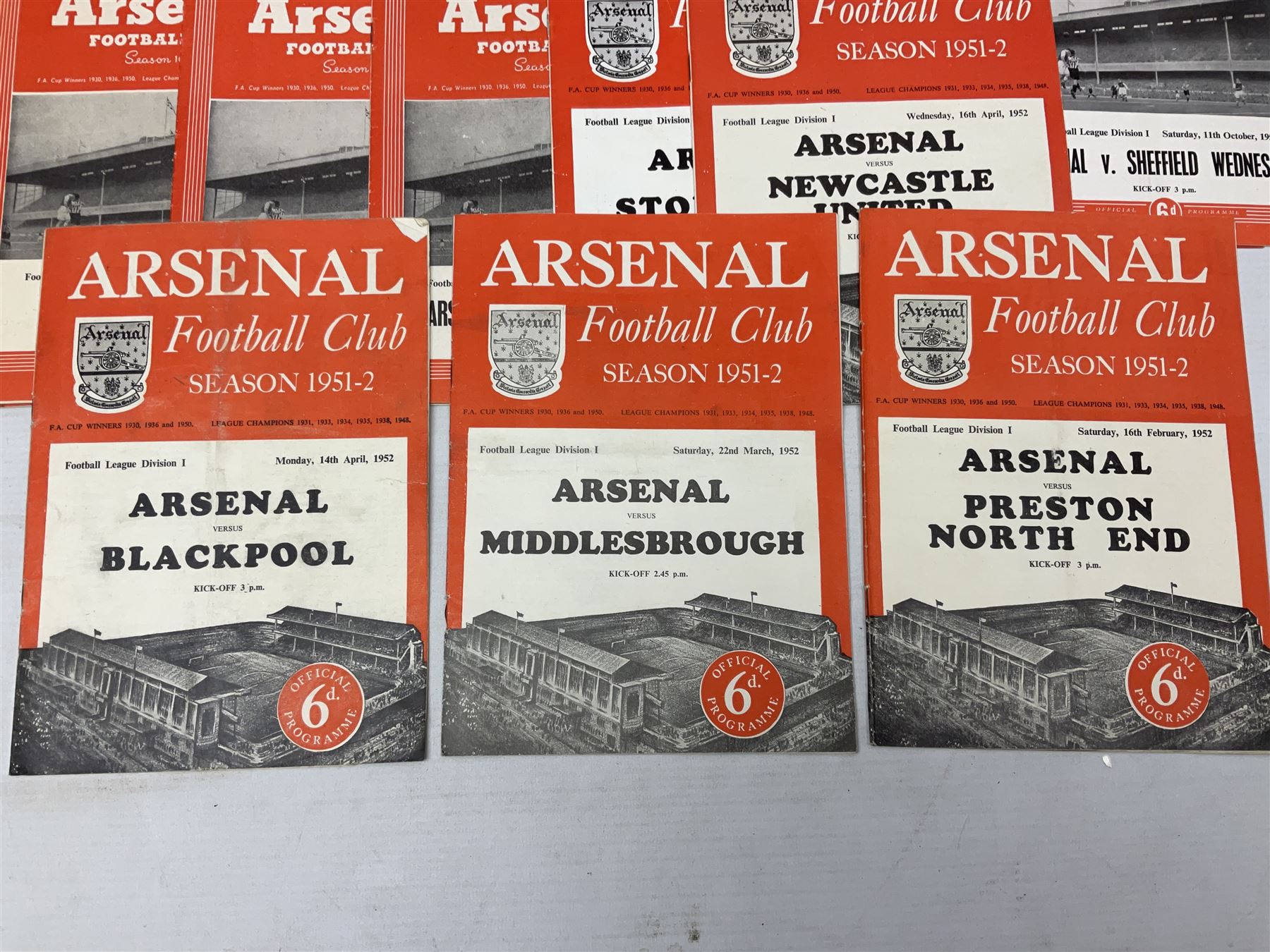 Arsenal F.C. - thirty home programmes for 1951/52 (7) & 1952/53 (23) including Division One, F.A. Cup, London Football Association Challenge Cup, Charity Match, Friendly Match and one duplicate (30)