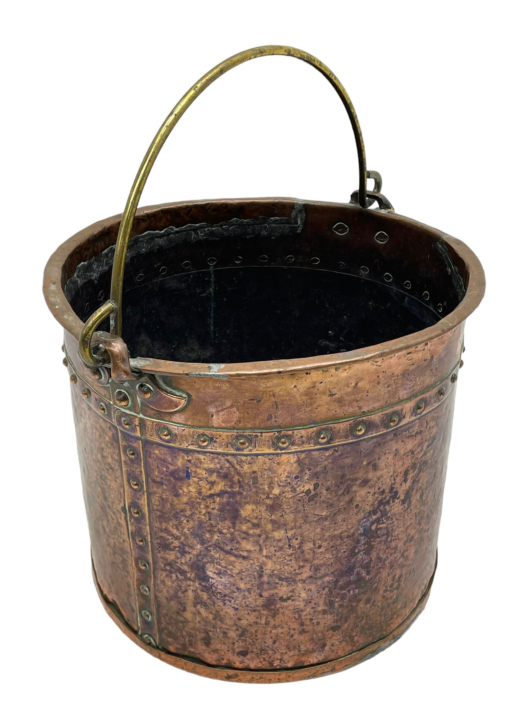 19th century riveted copper and brass mounted coal bucket of cylindrical form 