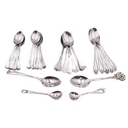 Group of silver spoons, to include seven early 20th century tredif coffee spoons with rat tail bowls, hallmarked Lee & Wigfull, Sheffield 1916, nine modern coffee spoons, hallmarked Francis Howard Ltd, Sheffield 1975, 1977 and 1978, five 1920's coffee spoons with husk detail to terminals, modern souvenir teaspoon with Yorkshire rose terminal, etc., approximate total weight 7.56 ozt (235.1 grams)