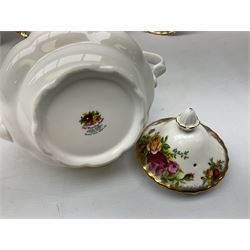 Royal Albert Old Country Roses pattern tea service, comprising teapot, milk jug, open sucrier, three teacups, six saucers, six dessert plates, cake plate and rectangular serving dish, mostly seconds (20)