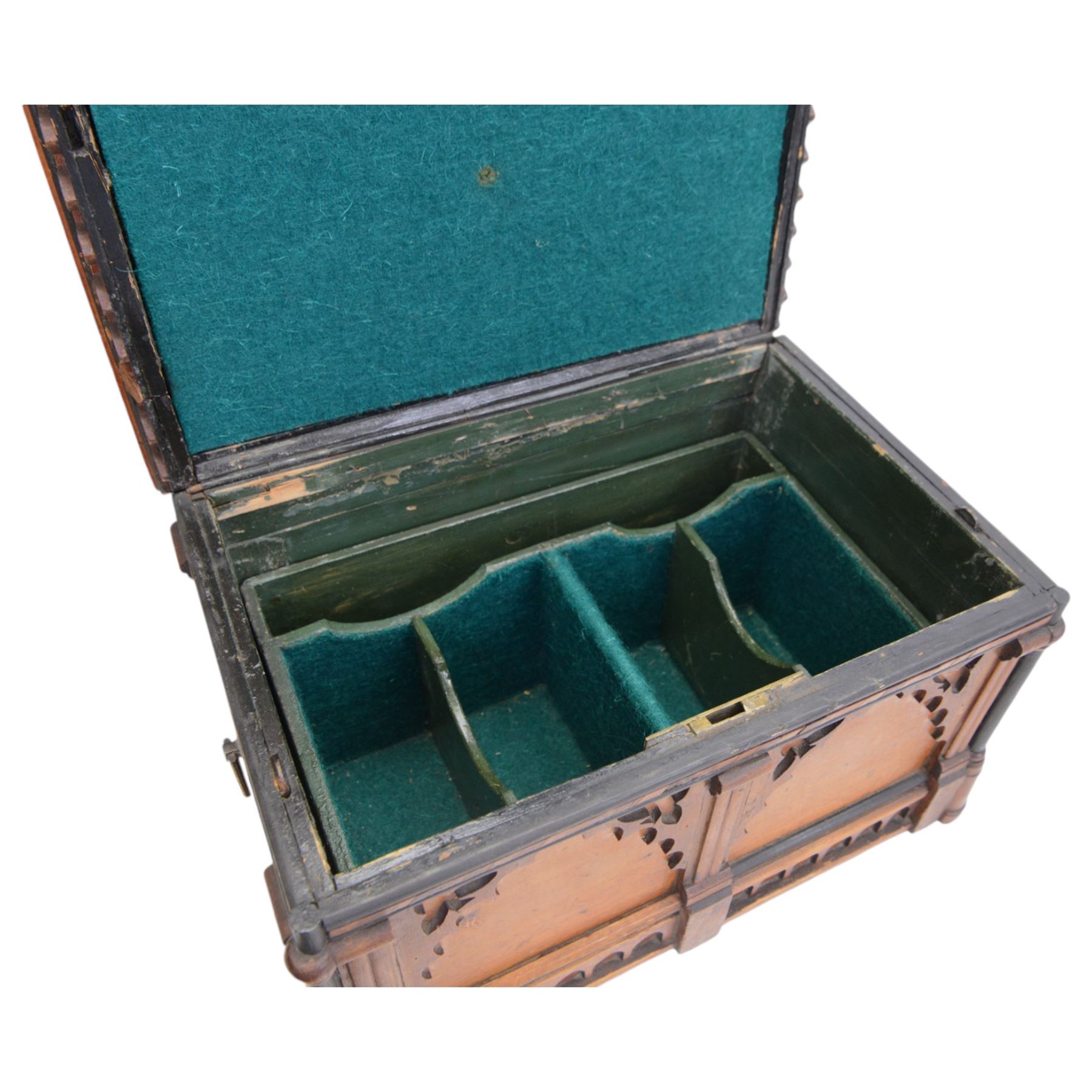 Victorian gothic stationary box, with removable shelf and compartment, decorated with pillars and arches, the hinged lid with inlaid decoration, H21cm, L31cm