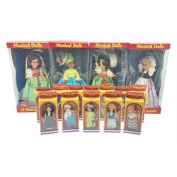 Four Mayfair Products Musical Dolls of Many Lands; original boxes and delivery boxes; and set of twelve Nationality Dolls with Sleeping Eyes; boxed (16)