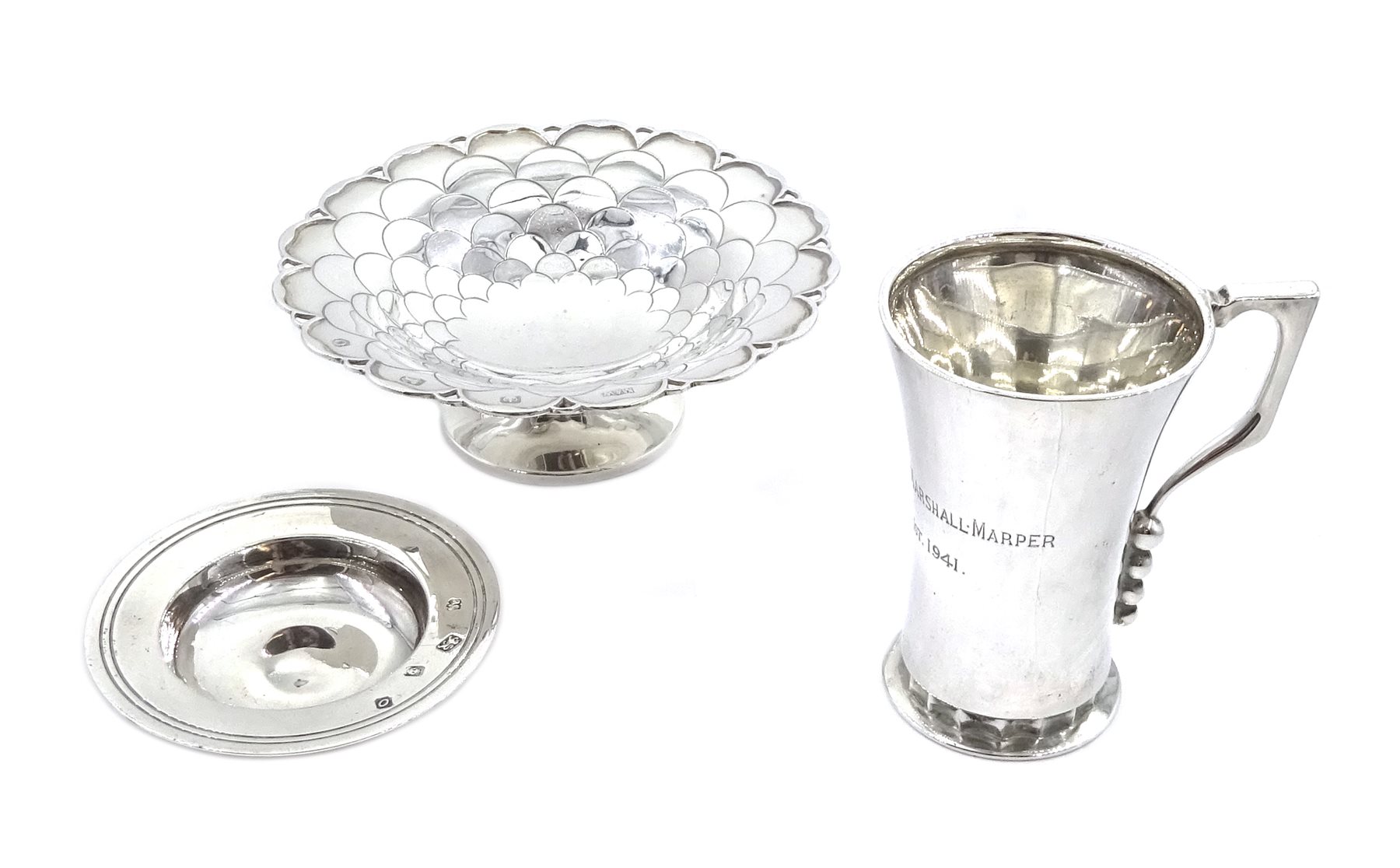 Silver Art Deco christening mug, engraved decoration by Stower & Wragg Ltd, Sheffield 1939, silver scalloped design, pedestal bon bon dish by Mappin & Webb, Sheffield 1956 and a silver small dish by William Comyns & Sons Ltd, approx 9.5oz